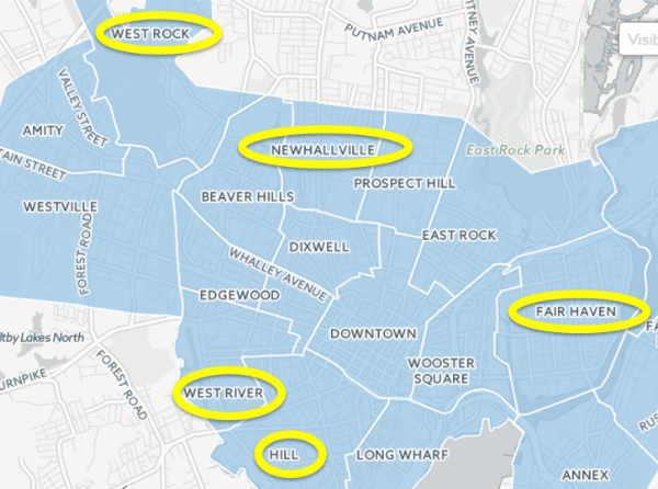 Map of five neighborhoods across New Haven where many of our scholars live