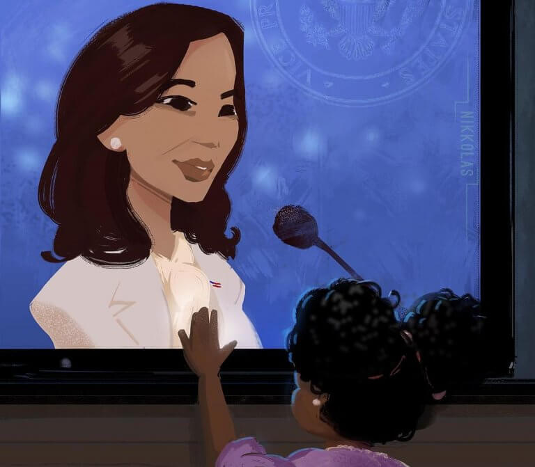 Little girl watching Kamala Harris on television